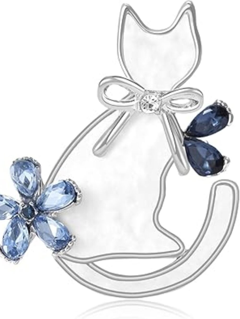 Beautiful Cat Brooch Blue and White with Rhinestones